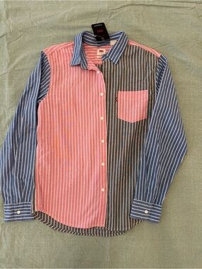 Levi's Pink, Blue and Gray Striped Colorblock Button-Down Shirt